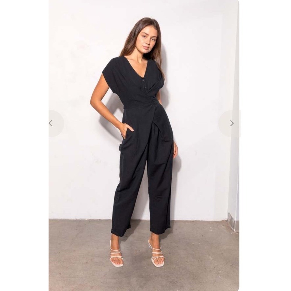 Black V-Neck Short Sleeve Jumpsuit with Twisted Waist